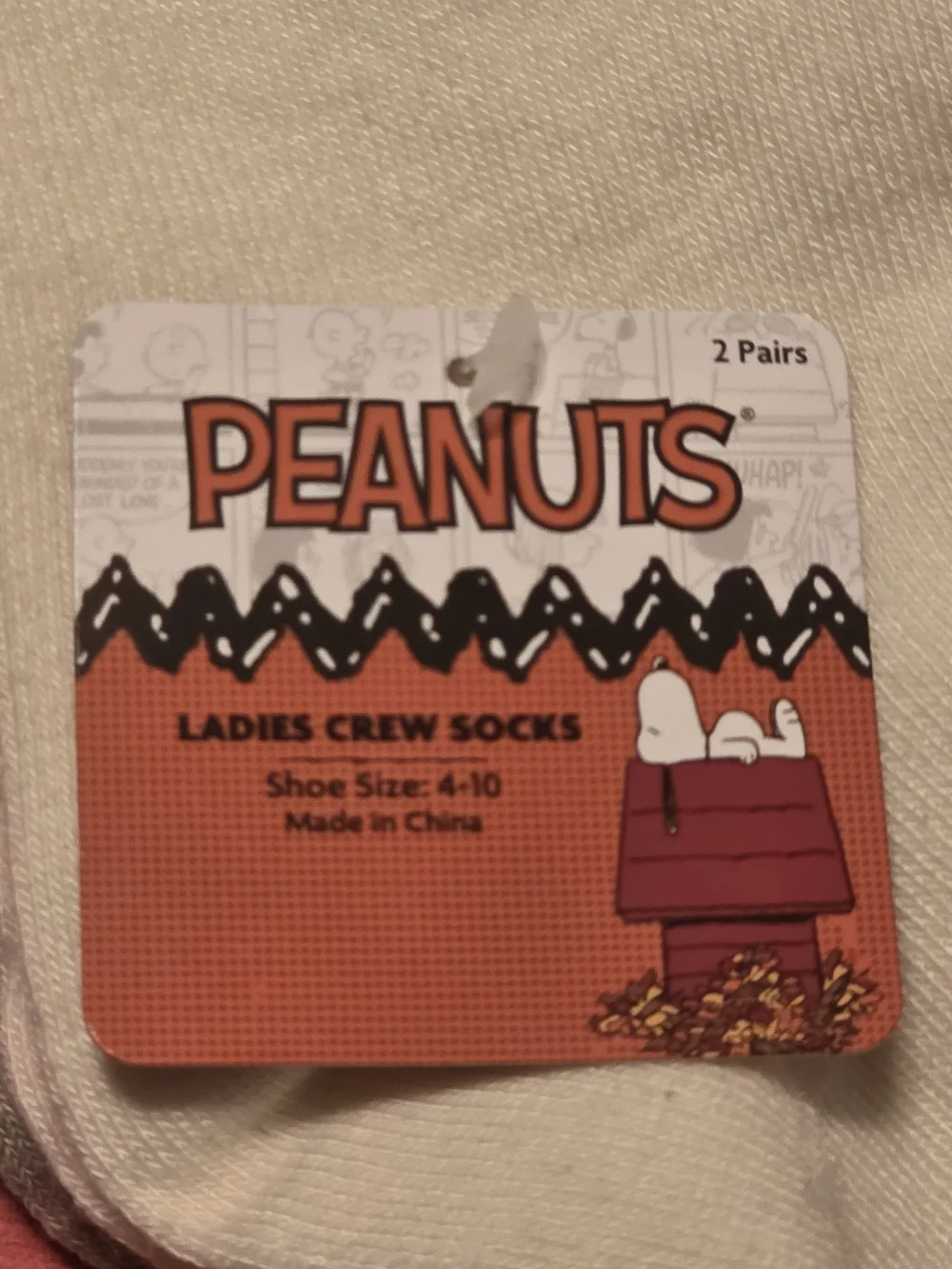 Peanuts 2 Pc Set Cream Snoopy Crew Socks with Orange Accents 4-10 Unisex